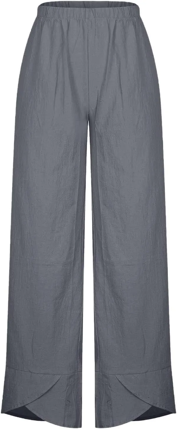 Womens Casual Linen Pants Wide Leg Palazzo Trousers Elastic High Waisted Summer Boho Lightweight Pants with Pockets