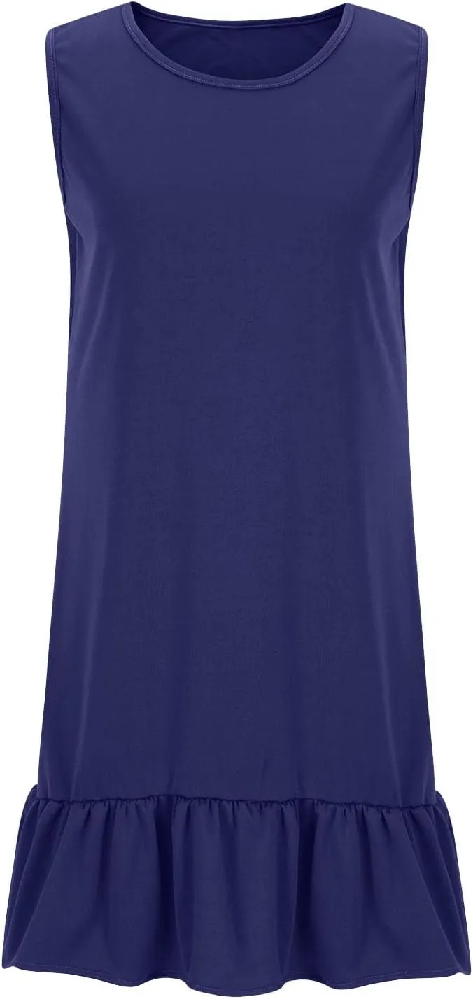 Womens Casual Summer Sun Dresses Sleeveless Beach Cover Up Round Neck Ruffle Hem Mini Dress Sundresses with Pockets