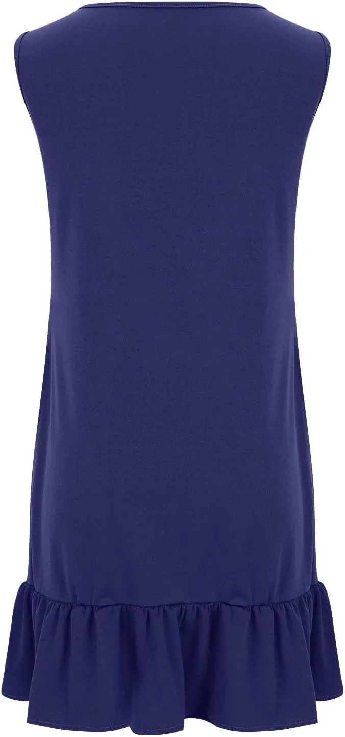 Womens Casual Summer Sun Dresses Sleeveless Beach Cover Up Round Neck Ruffle Hem Mini Dress Sundresses with Pockets