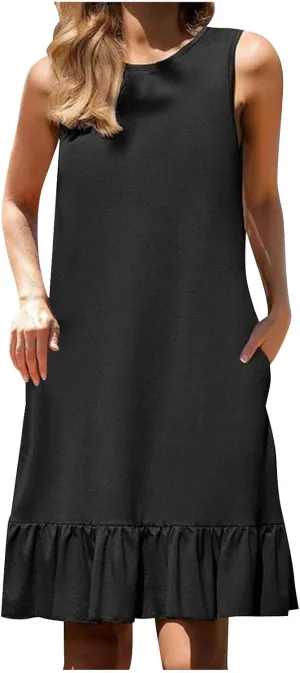 Womens Casual Summer Sun Dresses Sleeveless Beach Cover Up Round Neck Ruffle Hem Mini Dress Sundresses with Pockets