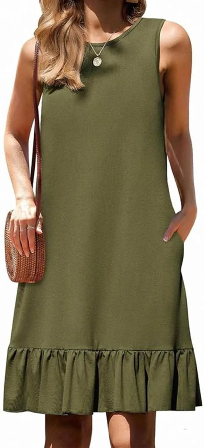 Womens Casual Summer Sun Dresses Sleeveless Beach Cover Up Round Neck Ruffle Hem Mini Dress Sundresses with Pockets