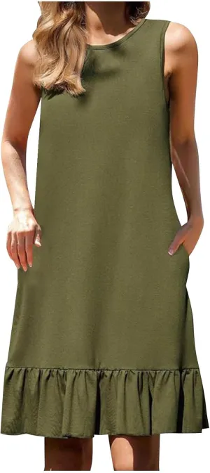 Womens Casual Summer Sun Dresses Sleeveless Beach Cover Up Round Neck Ruffle Hem Mini Dress Sundresses with Pockets