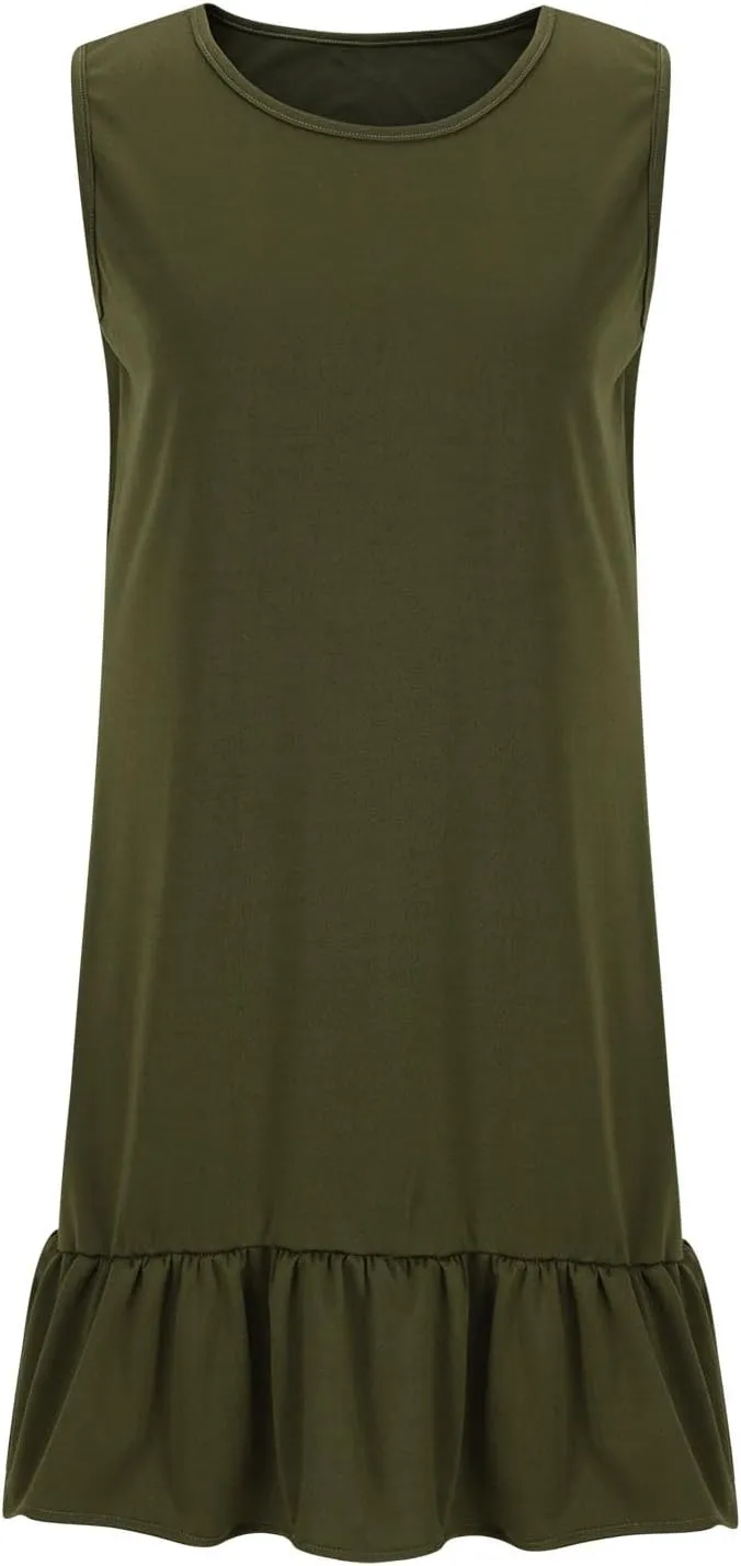 Womens Casual Summer Sun Dresses Sleeveless Beach Cover Up Round Neck Ruffle Hem Mini Dress Sundresses with Pockets