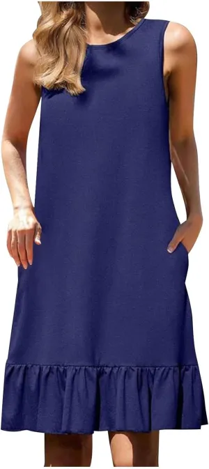 Womens Casual Summer Sun Dresses Sleeveless Beach Cover Up Round Neck Ruffle Hem Mini Dress Sundresses with Pockets