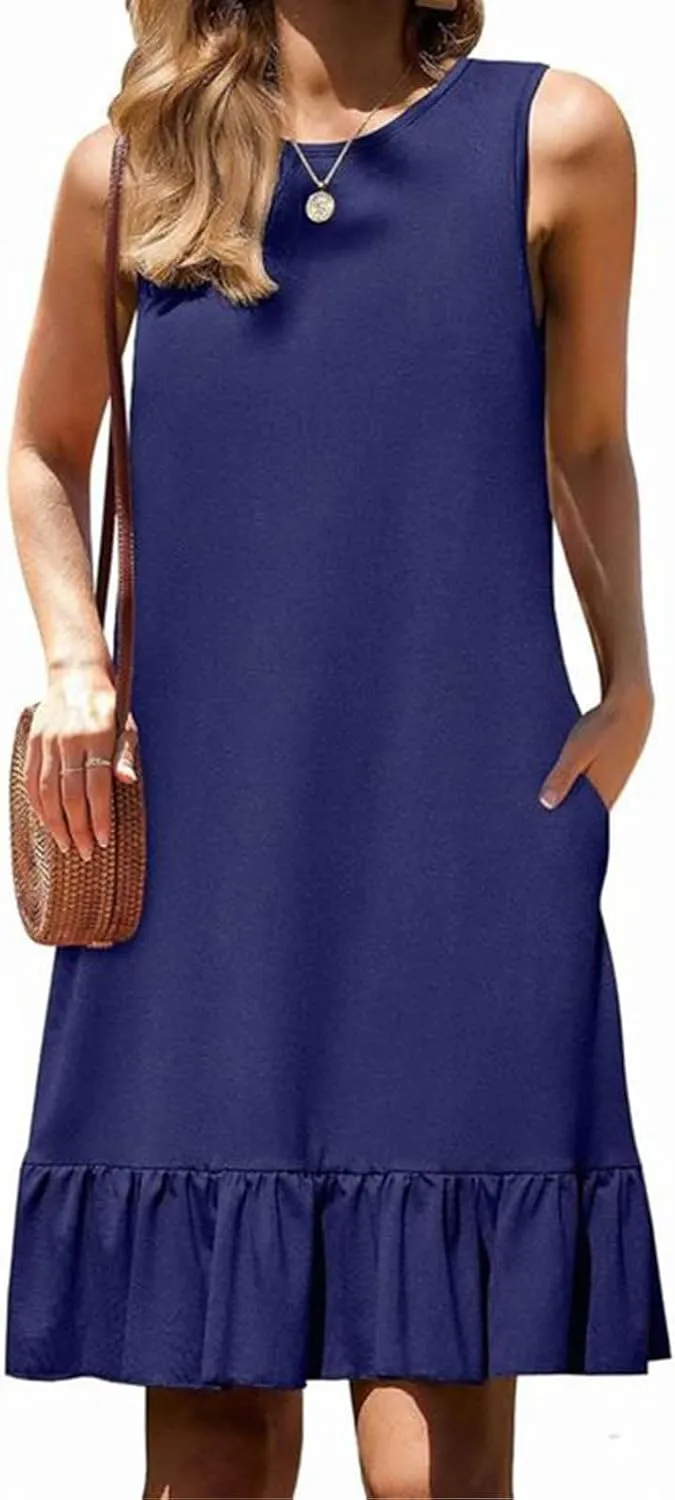 Womens Casual Summer Sun Dresses Sleeveless Beach Cover Up Round Neck Ruffle Hem Mini Dress Sundresses with Pockets