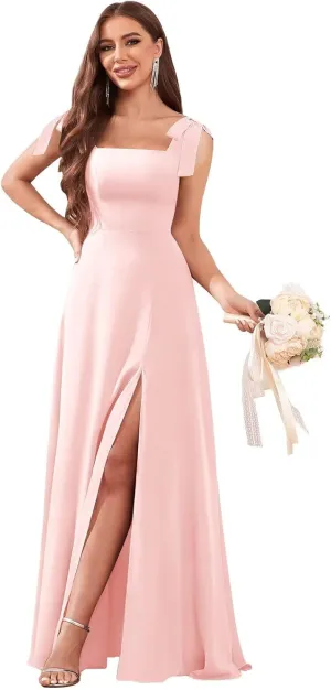 Women's Chiffon Bridesmaid Dresses with Slit Long Square Neck A-Line Formal Dress Evening Gown