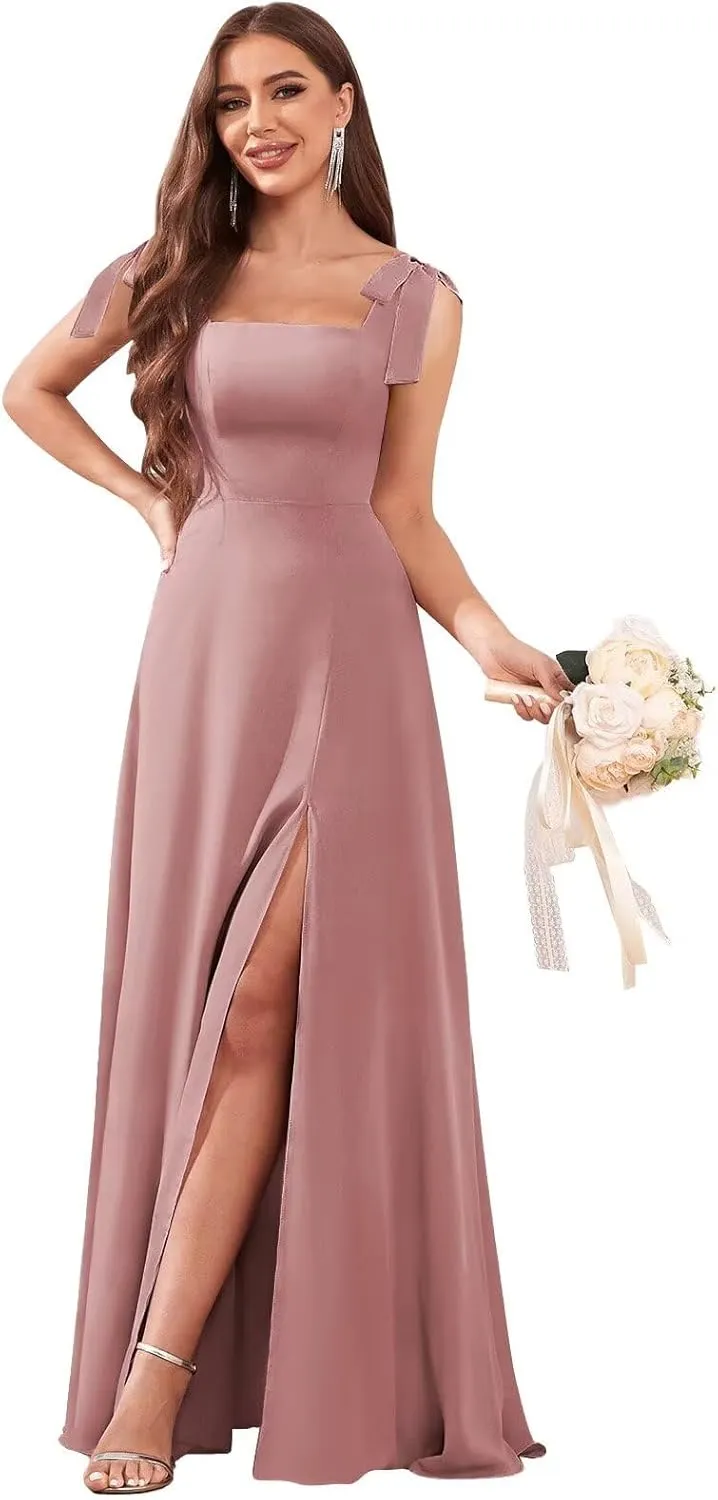 Women's Chiffon Bridesmaid Dresses with Slit Long Square Neck A-Line Formal Dress Evening Gown