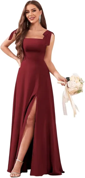 Women's Chiffon Bridesmaid Dresses with Slit Long Square Neck A-Line Formal Dress Evening Gown