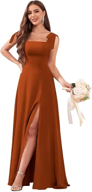 Women's Chiffon Bridesmaid Dresses with Slit Long Square Neck A-Line Formal Dress Evening Gown