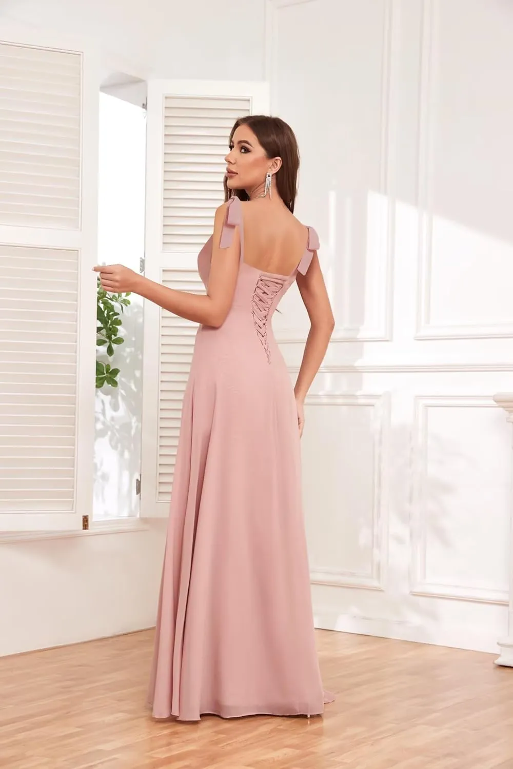 Women's Chiffon Bridesmaid Dresses with Slit Long Square Neck A-Line Formal Dress Evening Gown