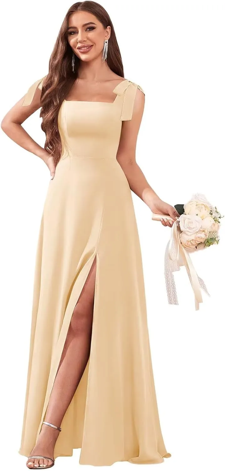 Women's Chiffon Bridesmaid Dresses with Slit Long Square Neck A-Line Formal Dress Evening Gown