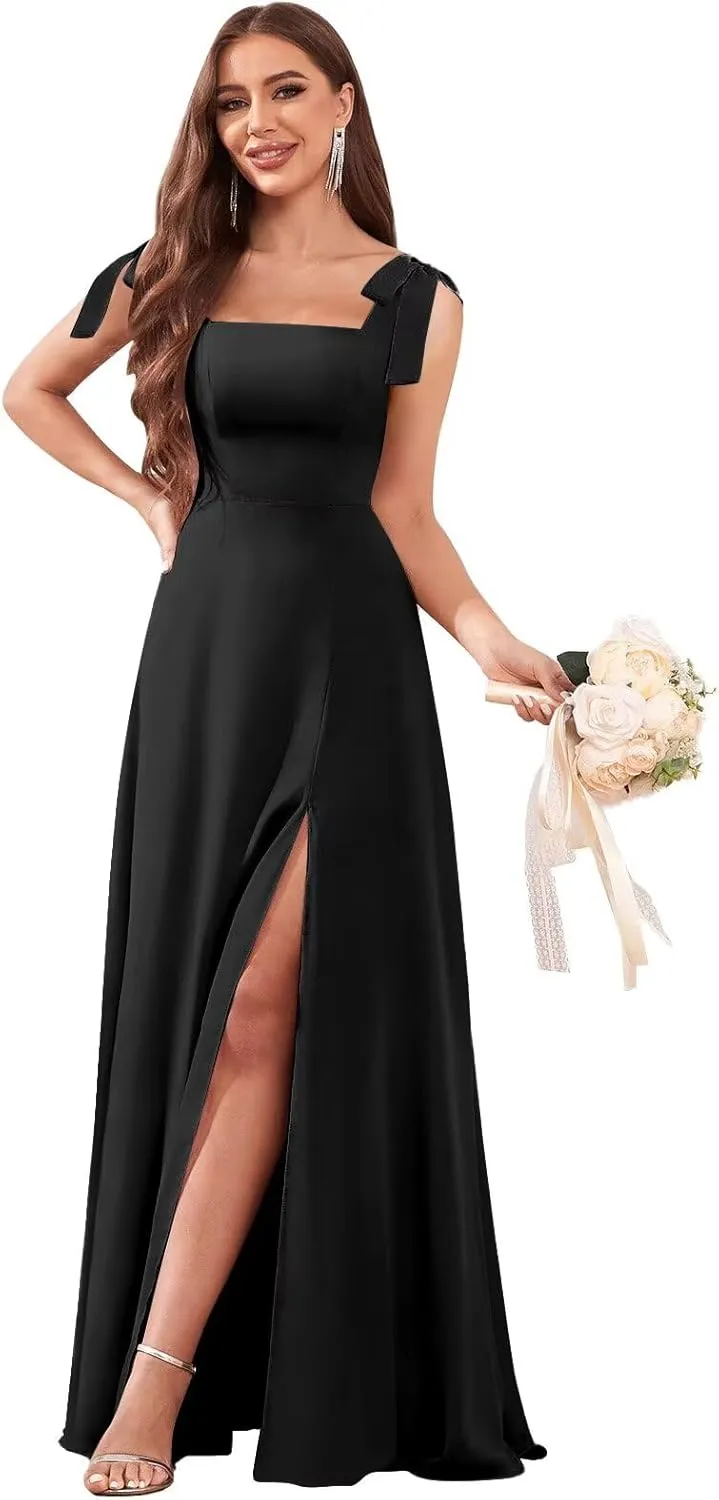 Women's Chiffon Bridesmaid Dresses with Slit Long Square Neck A-Line Formal Dress Evening Gown