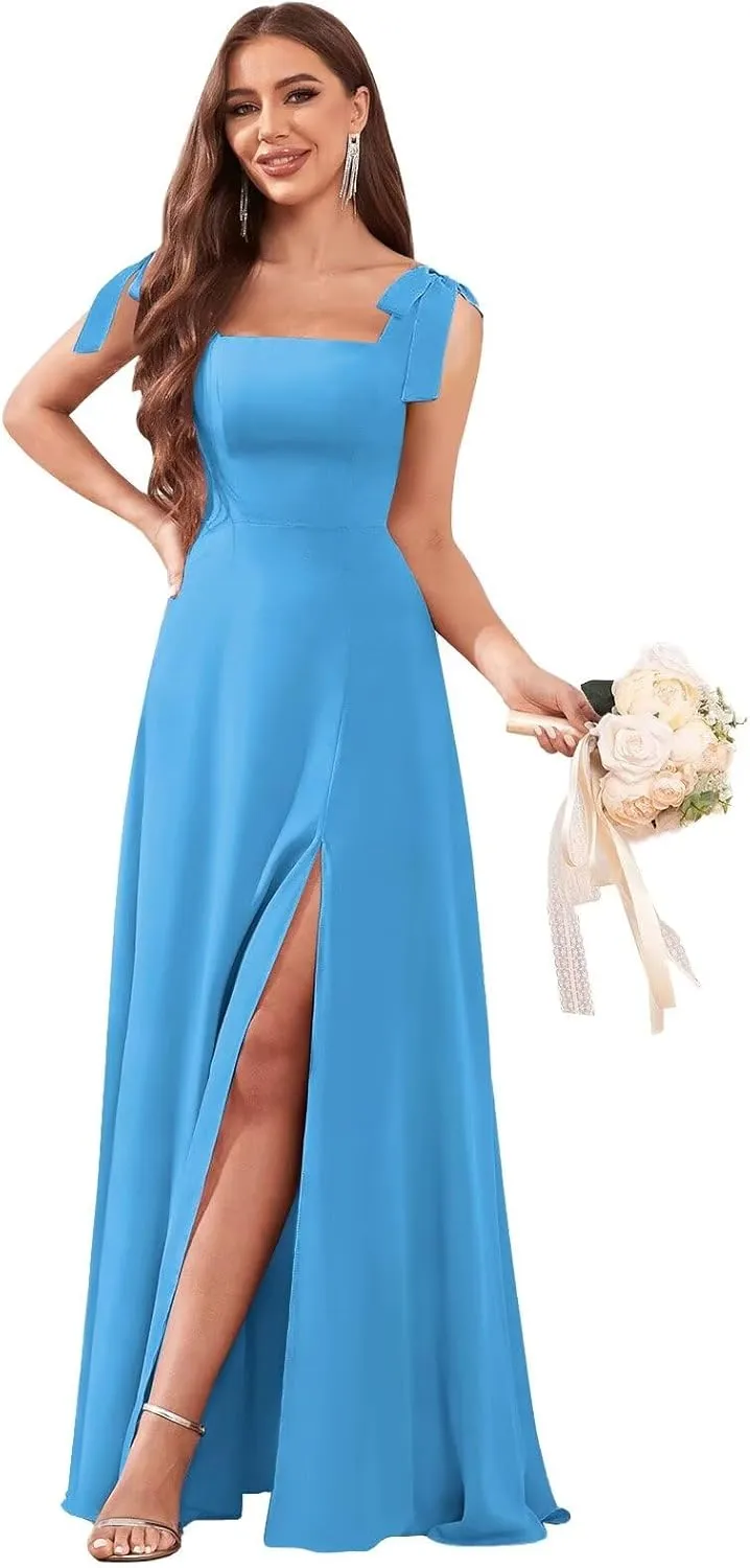 Women's Chiffon Bridesmaid Dresses with Slit Long Square Neck A-Line Formal Dress Evening Gown