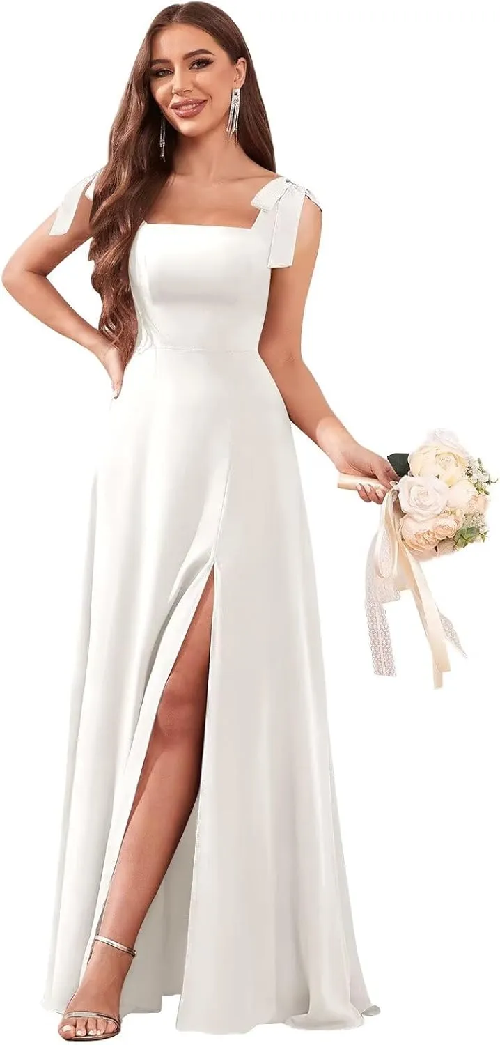 Women's Chiffon Bridesmaid Dresses with Slit Long Square Neck A-Line Formal Dress Evening Gown