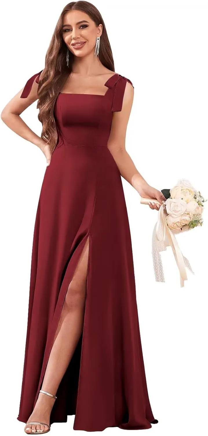 Women's Chiffon Bridesmaid Dresses with Slit Long Square Neck A-Line Formal Dress Evening Gown