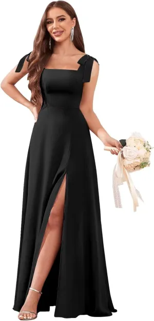 Women's Chiffon Bridesmaid Dresses with Slit Long Square Neck A-Line Formal Dress Evening Gown