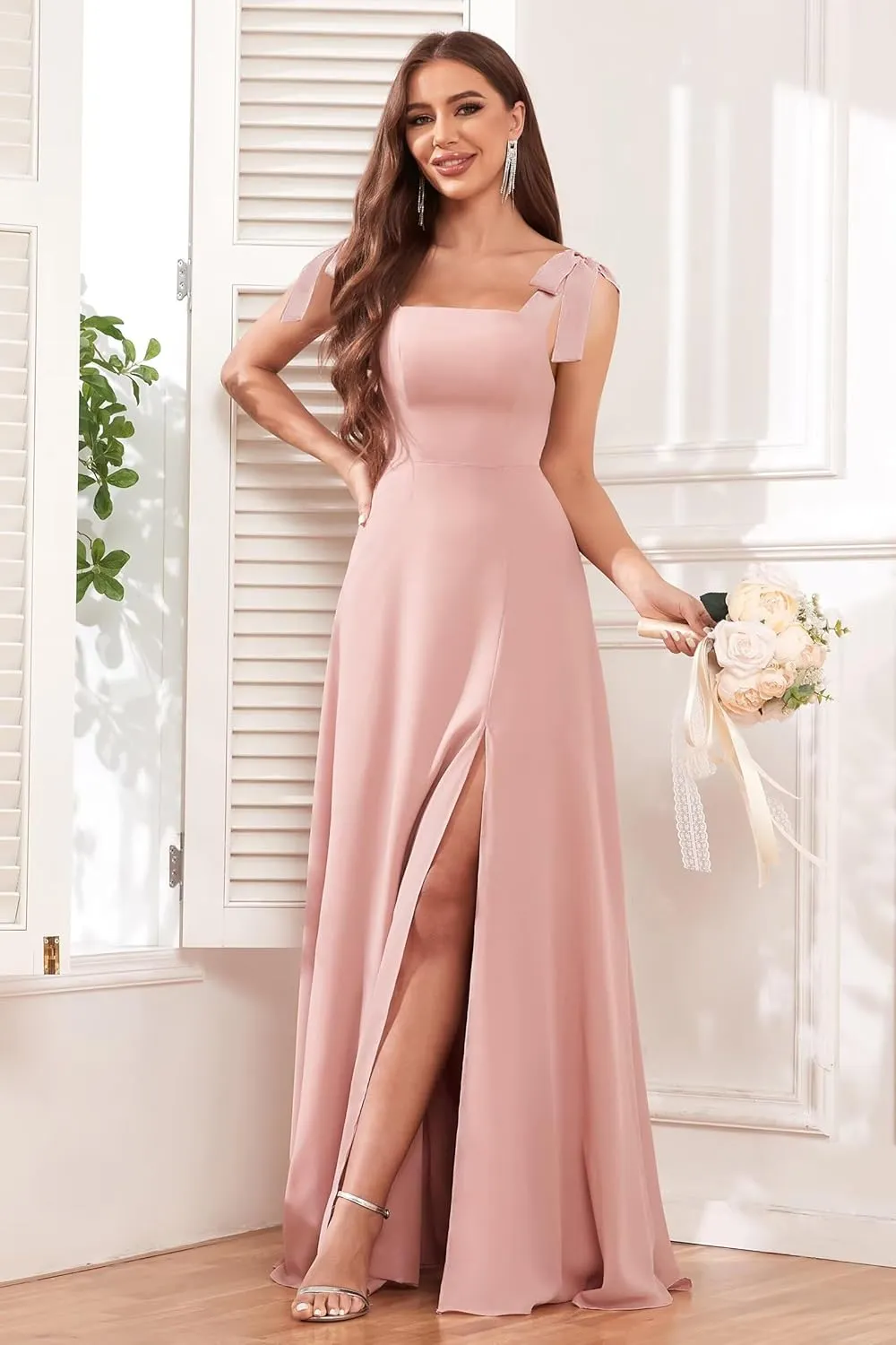 Women's Chiffon Bridesmaid Dresses with Slit Long Square Neck A-Line Formal Dress Evening Gown