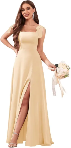 Women's Chiffon Bridesmaid Dresses with Slit Long Square Neck A-Line Formal Dress Evening Gown