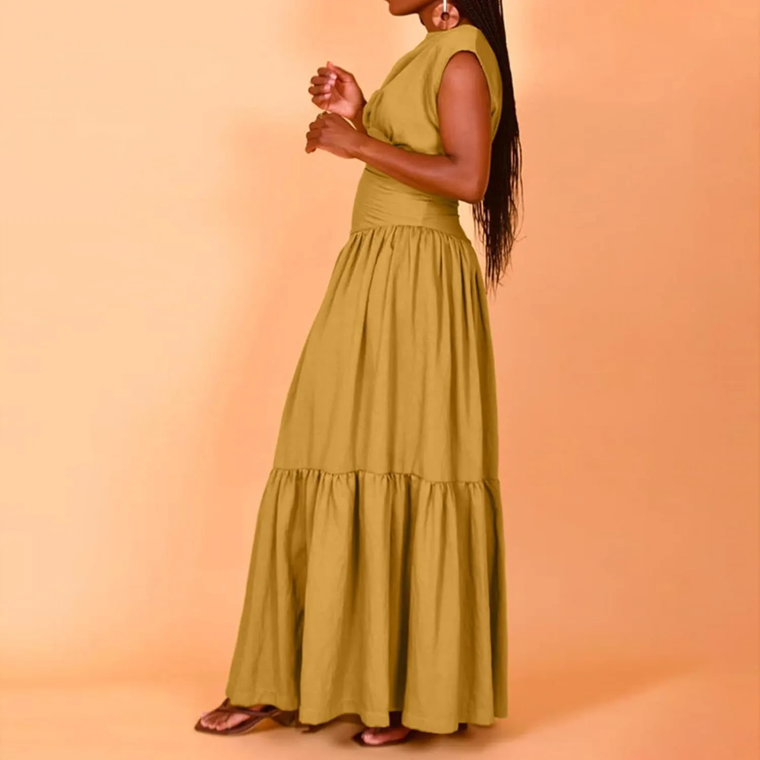 Women's Cocktail Dresses Dressy Casual Loose Sleeveless Ruffle Hem Pleated Flowy Long Maxi Dress Evening Party Dress