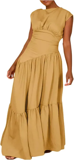 Women's Cocktail Dresses Dressy Casual Loose Sleeveless Ruffle Hem Pleated Flowy Long Maxi Dress Evening Party Dress