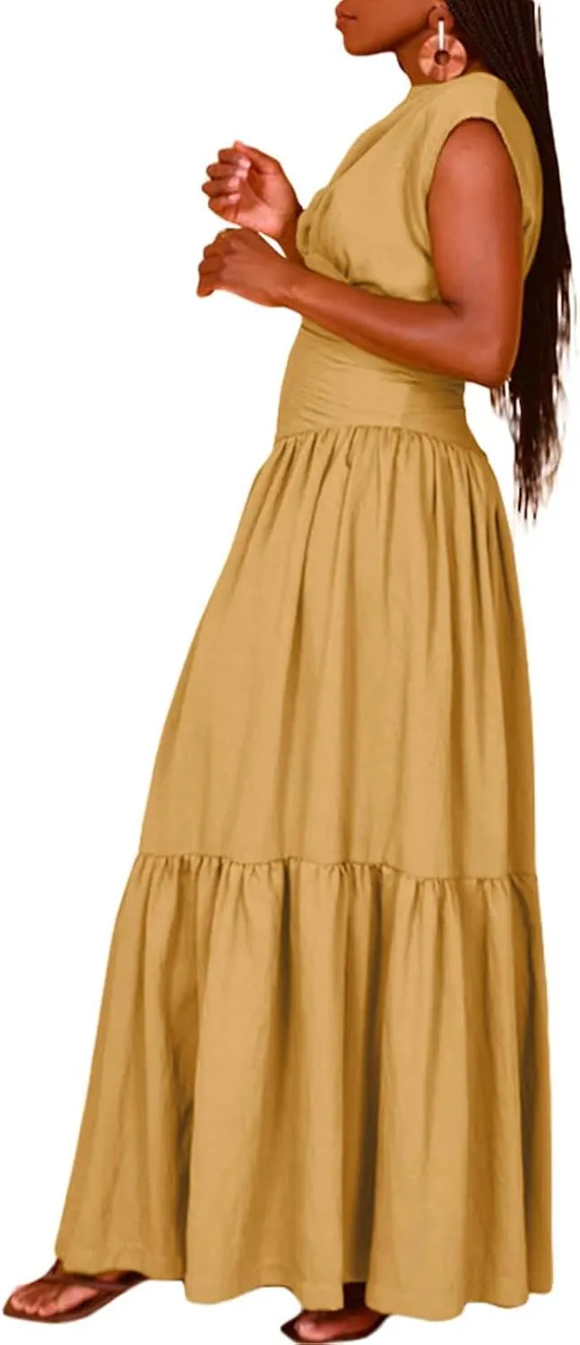 Women's Cocktail Dresses Dressy Casual Loose Sleeveless Ruffle Hem Pleated Flowy Long Maxi Dress Evening Party Dress