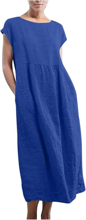 Women's Cotton Linen Dress Short Sleeve Midi Casual Plus Size Tunic Dress with Pockets Loose Plain Pleated Skirts