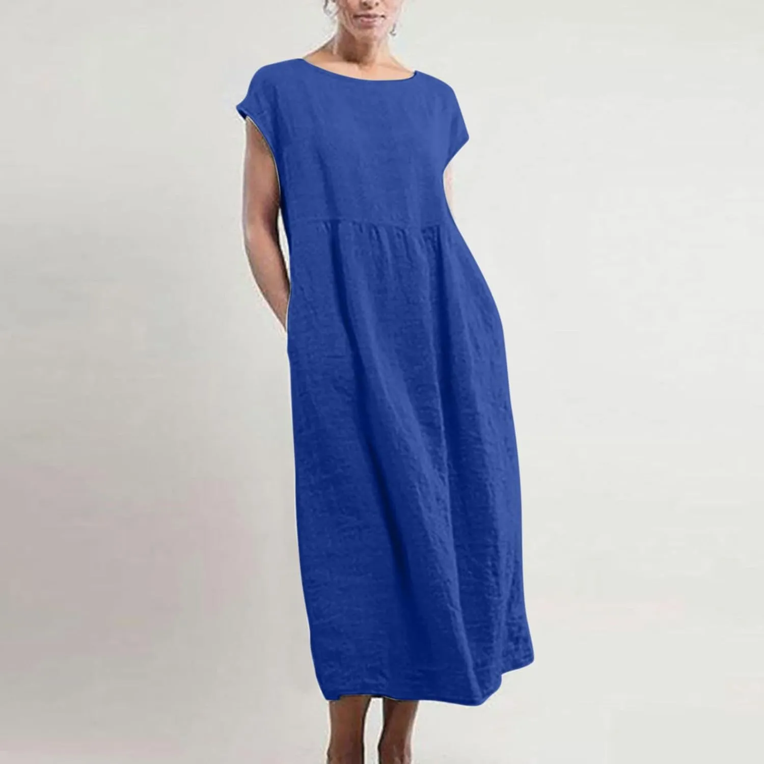 Women's Cotton Linen Dress Short Sleeve Midi Casual Plus Size Tunic Dress with Pockets Loose Plain Pleated Skirts