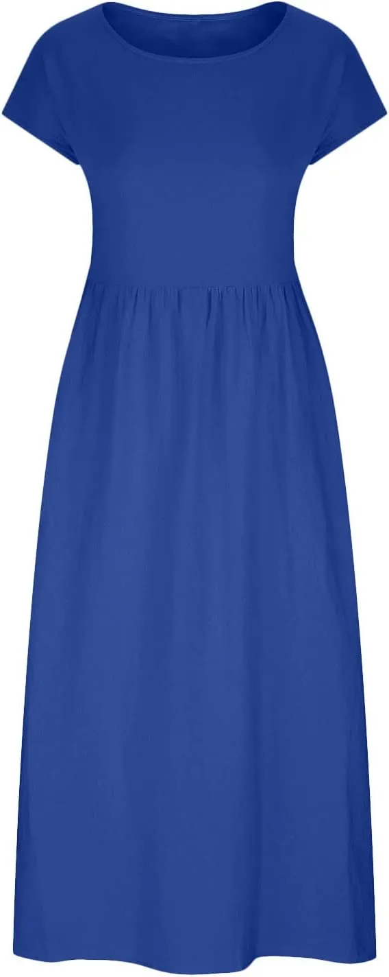 Women's Cotton Linen Dress Short Sleeve Midi Casual Plus Size Tunic Dress with Pockets Loose Plain Pleated Skirts