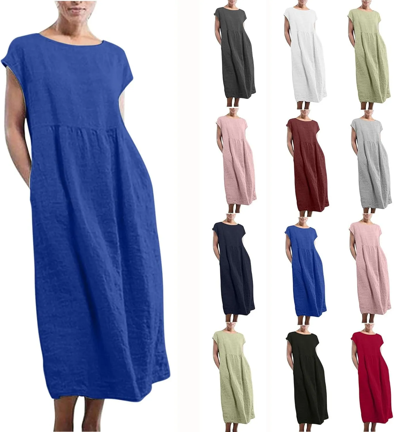 Women's Cotton Linen Dress Short Sleeve Midi Casual Plus Size Tunic Dress with Pockets Loose Plain Pleated Skirts