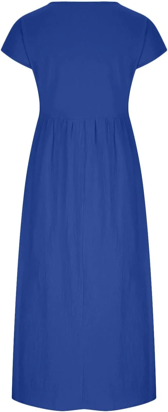 Women's Cotton Linen Dress Short Sleeve Midi Casual Plus Size Tunic Dress with Pockets Loose Plain Pleated Skirts
