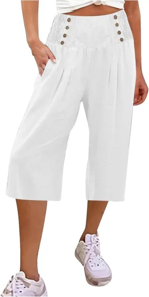 Womens Cotton Linen Summer Baggy Palazzo Pants Elastic Waist Ankle Length Slim-Fit Trousers Beach