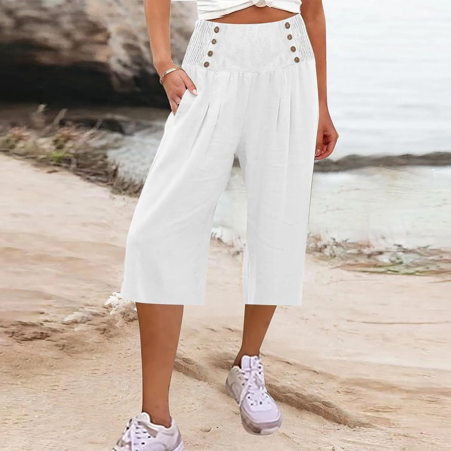 Womens Cotton Linen Summer Baggy Palazzo Pants Elastic Waist Ankle Length Slim-Fit Trousers Beach