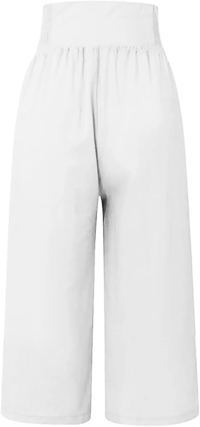 Womens Cotton Linen Summer Baggy Palazzo Pants Elastic Waist Ankle Length Slim-Fit Trousers Beach