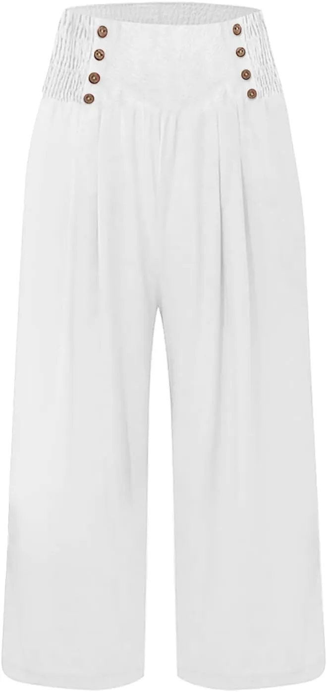 Womens Cotton Linen Summer Baggy Palazzo Pants Elastic Waist Ankle Length Slim-Fit Trousers Beach