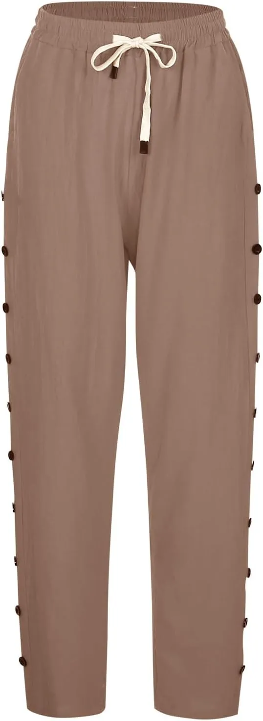 Women's Cotton Linen Summer Casual Pant Trousers Elastic Waist Baggy Stretchy Plus Size Pant Trousers Office