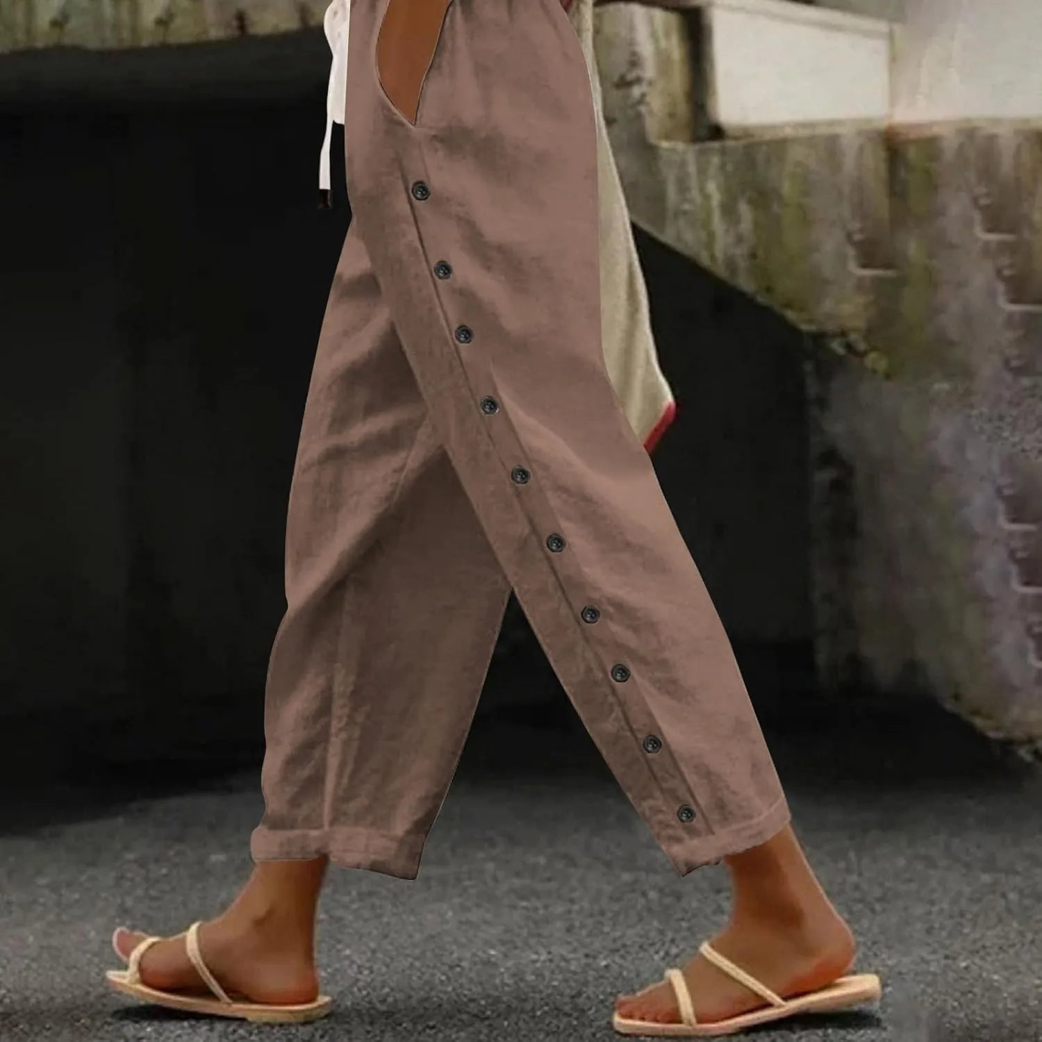 Women's Cotton Linen Summer Casual Pant Trousers Elastic Waist Baggy Stretchy Plus Size Pant Trousers Office