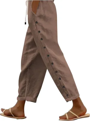 Women's Cotton Linen Summer Casual Pant Trousers Elastic Waist Baggy Stretchy Plus Size Pant Trousers Office
