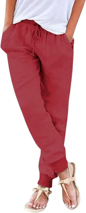 Women's Cotton Linen Summer Fashion Pant Trousers Elastic Waist Stretchy Slim-Fit Palazzo Lounge Pants