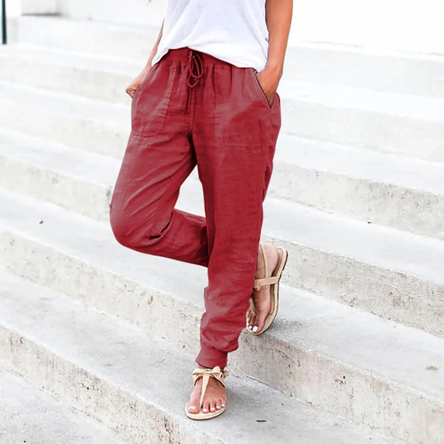Women's Cotton Linen Summer Fashion Pant Trousers Elastic Waist Stretchy Slim-Fit Palazzo Lounge Pants