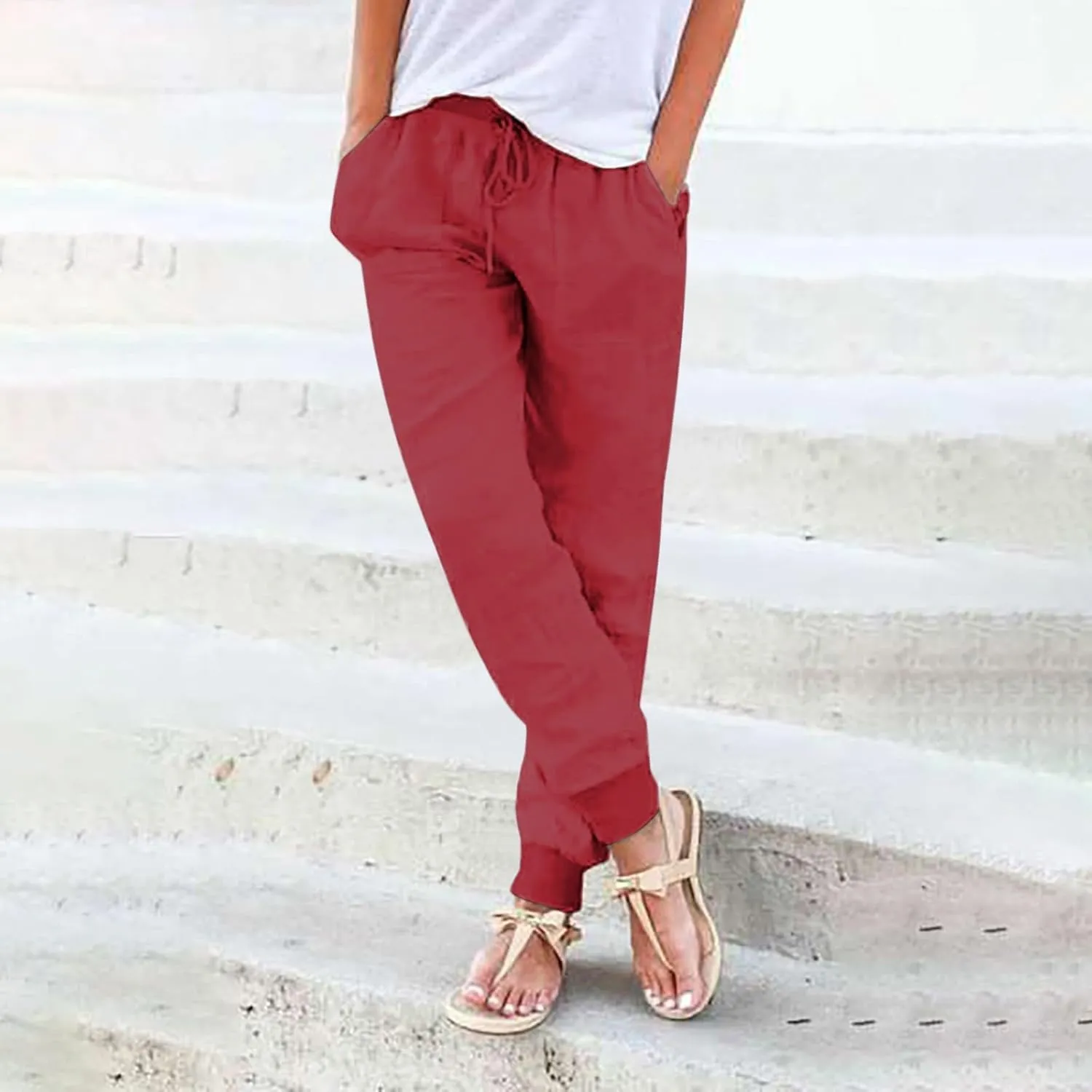 Women's Cotton Linen Summer Fashion Pant Trousers Elastic Waist Stretchy Slim-Fit Palazzo Lounge Pants