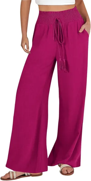 Womens Cotton Linen Summer Palazzo Pants Elastic Waist Lounge Pants Slim-Fit Palazzo Pants Business Work