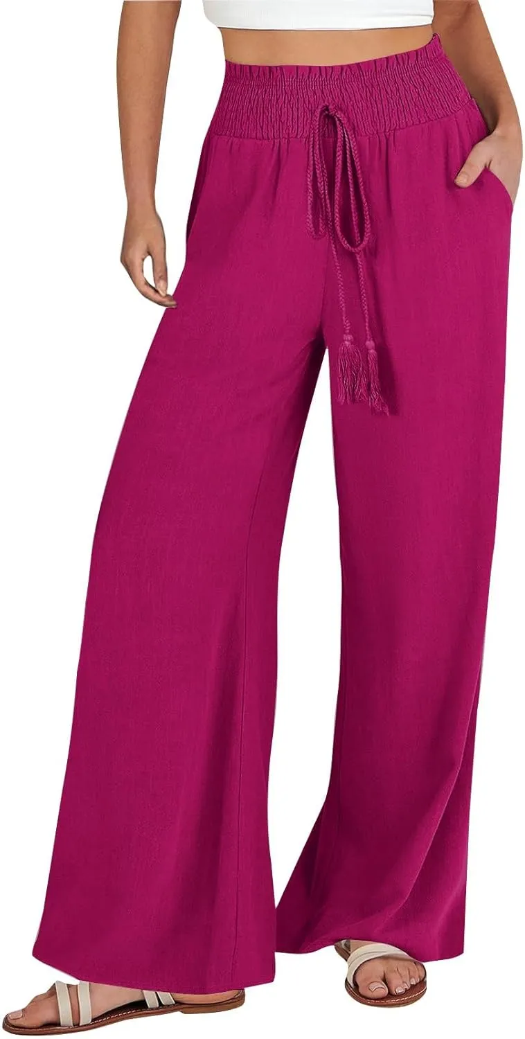 Womens Cotton Linen Summer Palazzo Pants Elastic Waist Lounge Pants Slim-Fit Palazzo Pants Business Work