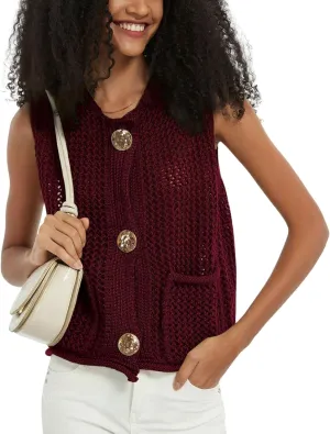 Women's Cropped Knit Cardigan Vest Casual Sleeveless Button Down Open Front Sweater Vest with Pockets