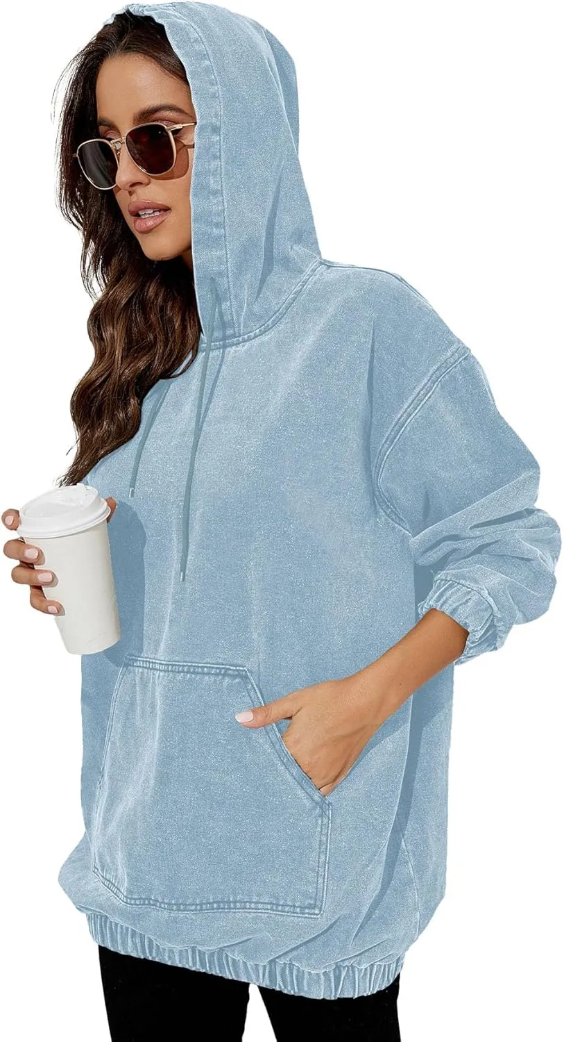 Women's Denim Hoodie Long Sleeve Pullover Sweatshirt Jean Jacket with Pocket