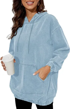 Women's Denim Hoodie Long Sleeve Pullover Sweatshirt Jean Jacket with Pocket
