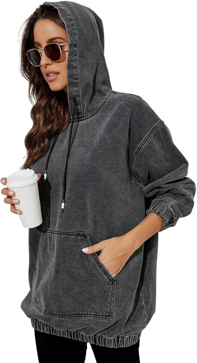 Women's Denim Hoodie Long Sleeve Pullover Sweatshirt Jean Jacket with Pocket