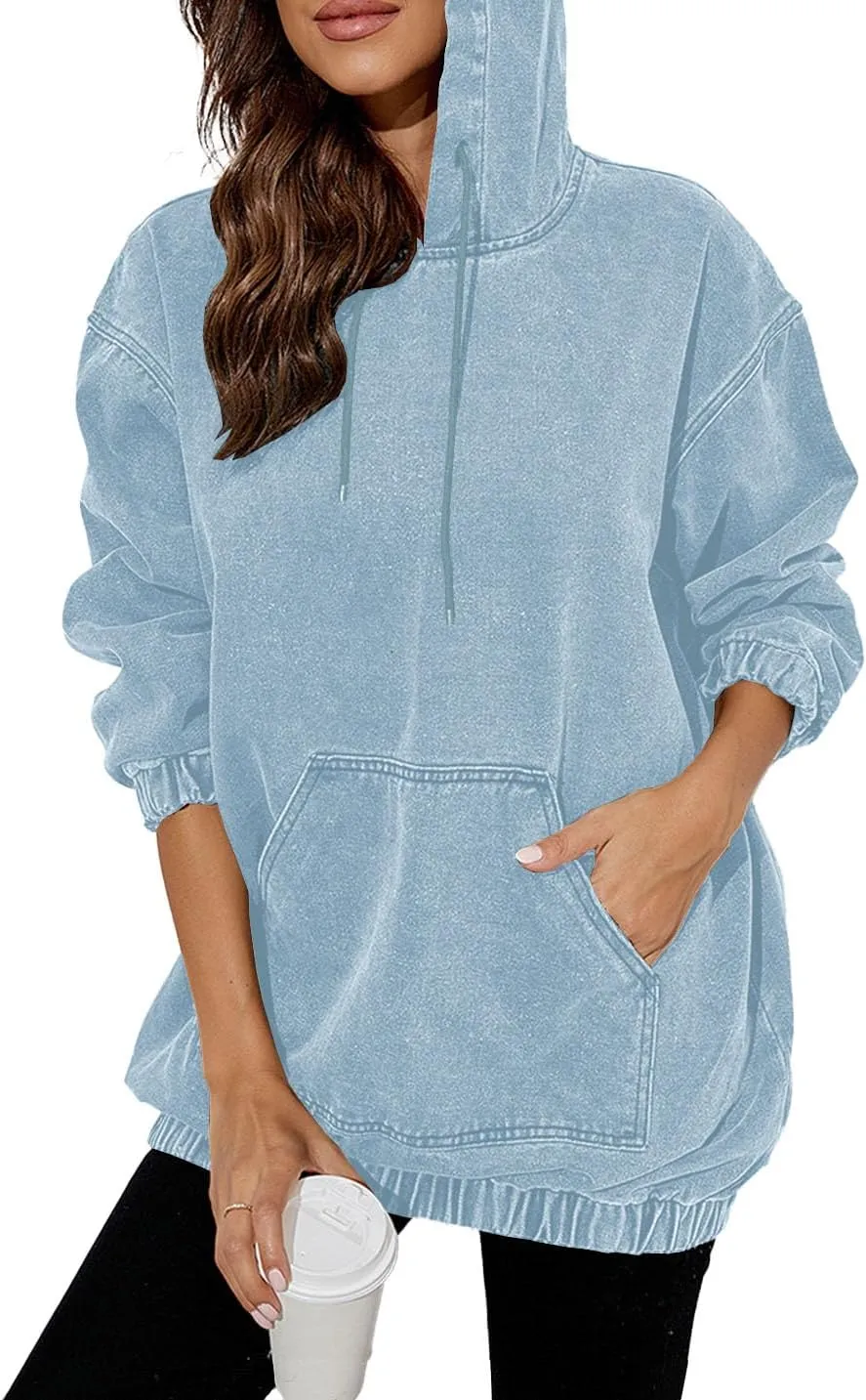 Women's Denim Hoodie Long Sleeve Pullover Sweatshirt Jean Jacket with Pocket