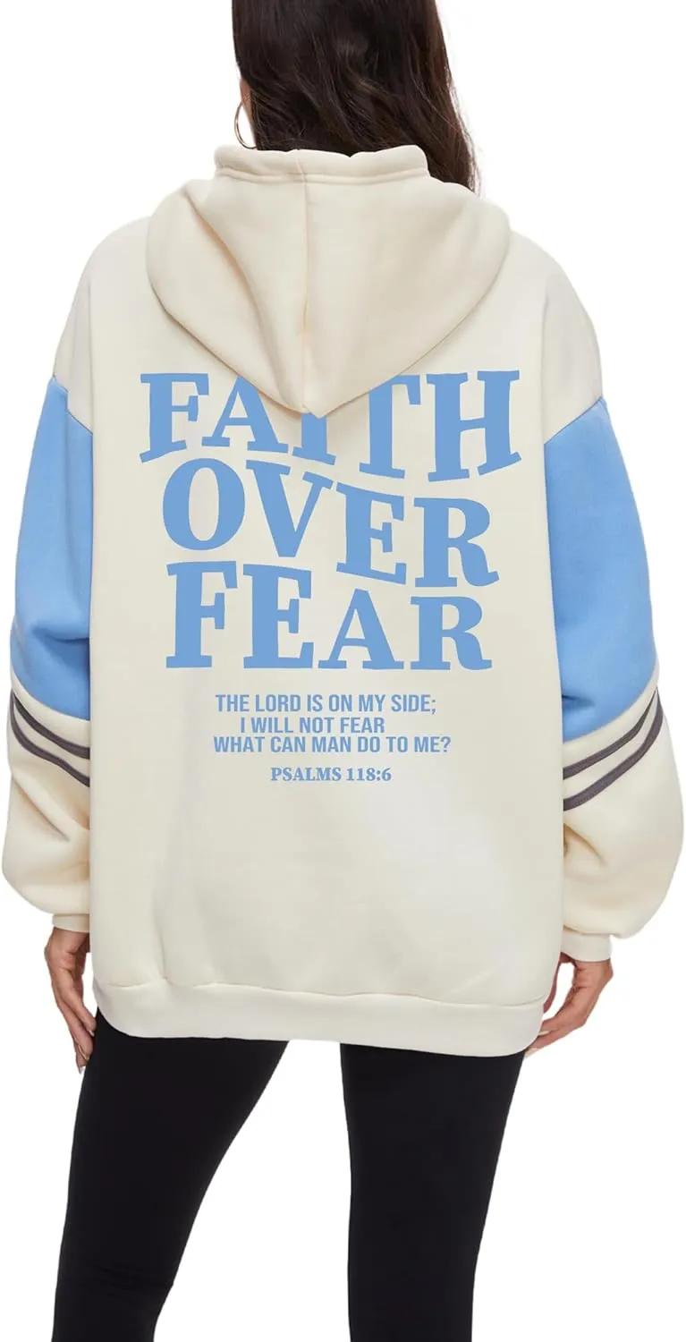 Women's Faith Over Fear Graphic Hoodie Christian Jesus Inspirational Sweatshirt Religious Sayings Pullover Tops