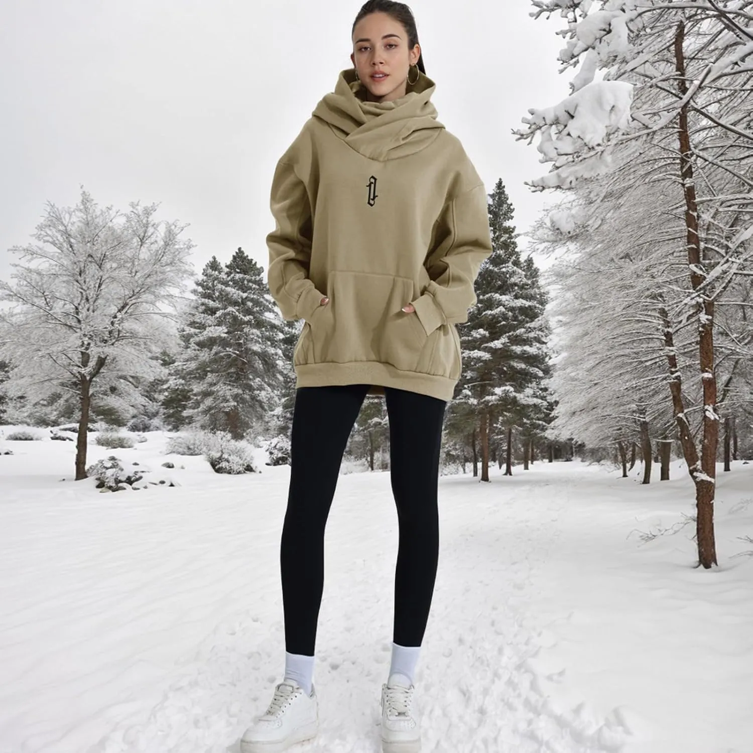 Womens Fleece Hoodie with Scarf Soft Cotton Oversized Pullover Casual Hooded Sweatshirts Fall Winter Clothes