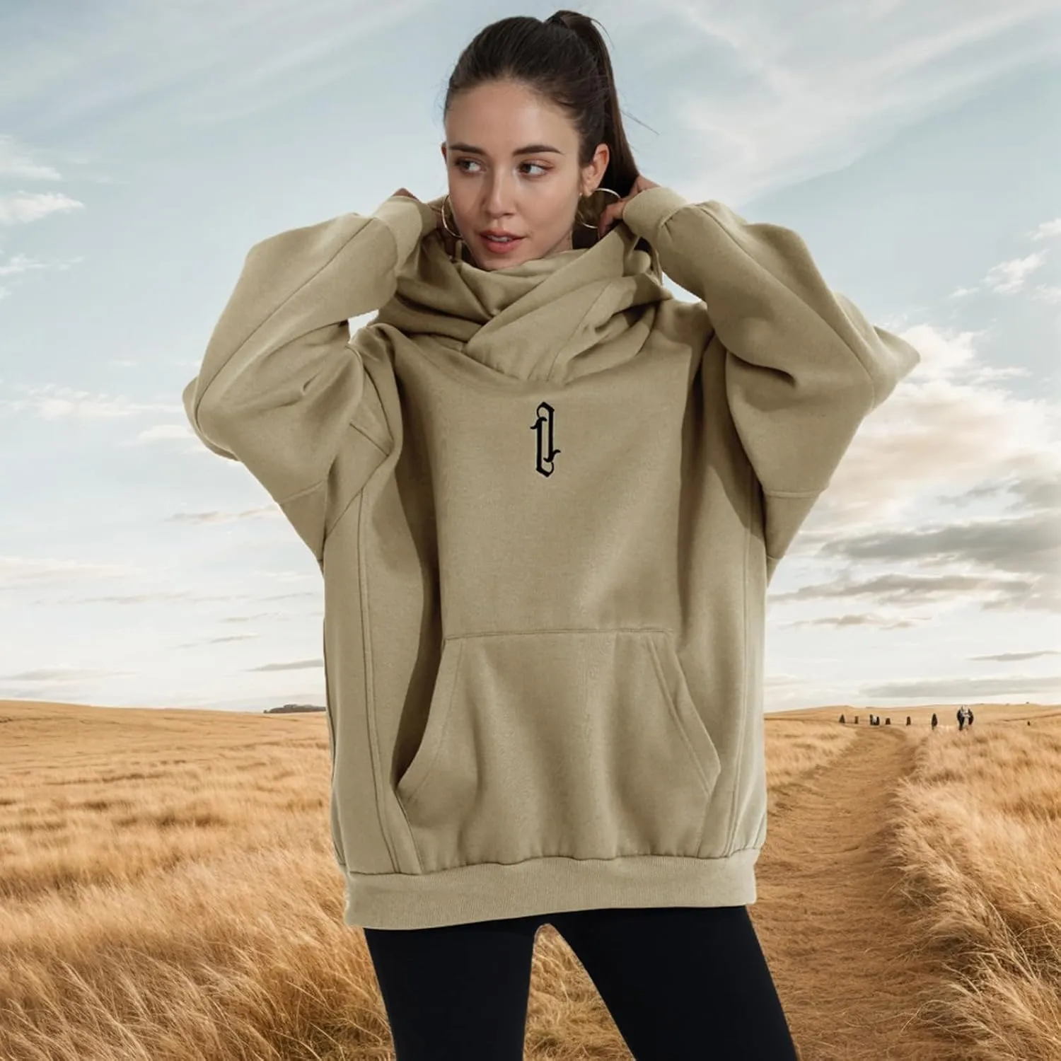 Womens Fleece Hoodie with Scarf Soft Cotton Oversized Pullover Casual Hooded Sweatshirts Fall Winter Clothes